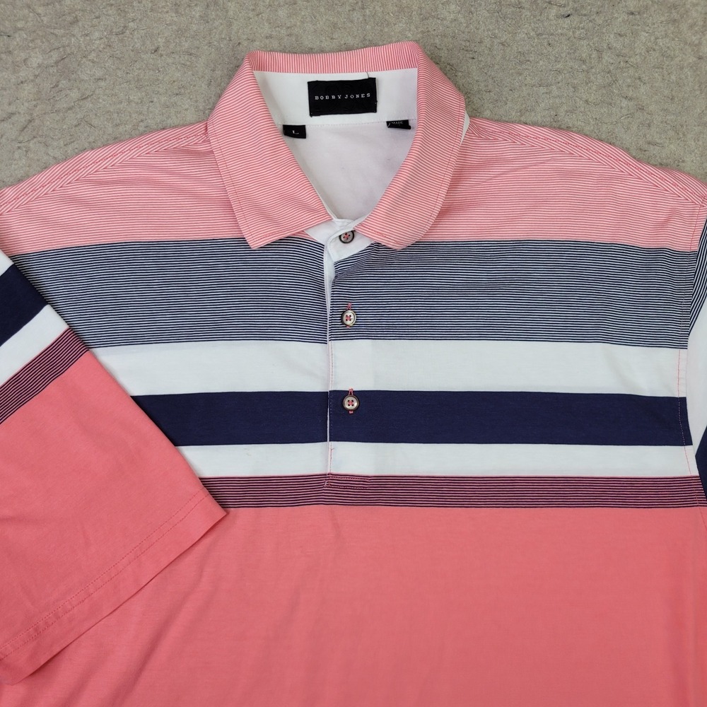 Bobby Jones 1930 Golf Polo Shirt Mens L red White Blue Striped Short Sleeve Flex